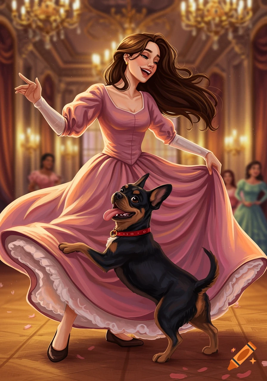 A joyful woman in a pink gown dances with a black and tan dog on its hind legs in a grand ballroom, digital illustration.