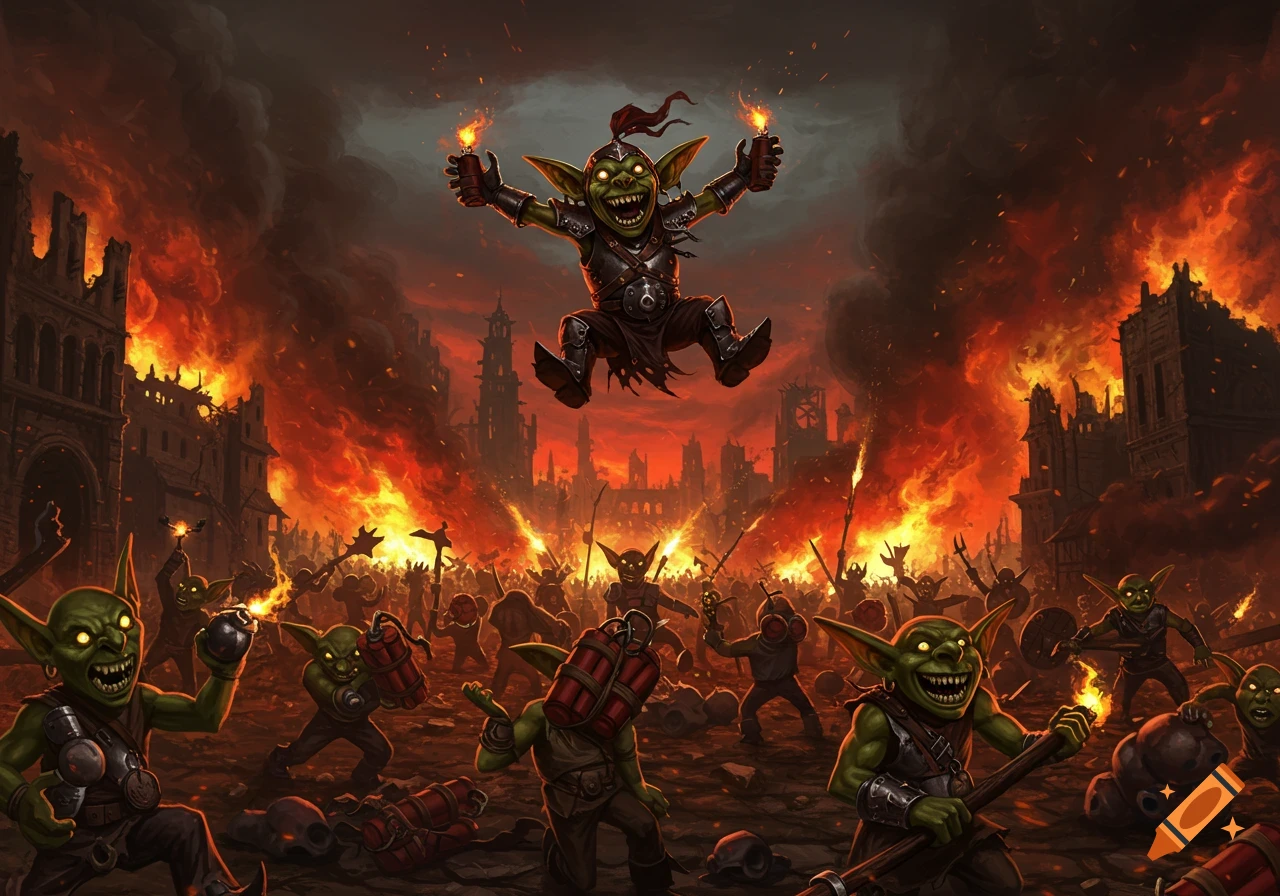 A chaotic fantasy illustration of gleeful goblins attacking a city consumed by fire and smoke. One goblin leaps in the center.