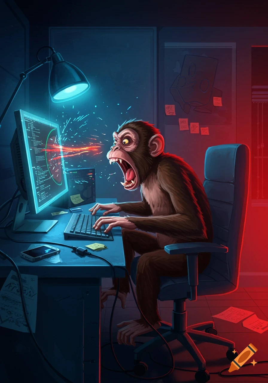 A screaming cartoon monkey furiously types on a computer in a dark room illuminated by neon blue and red light.