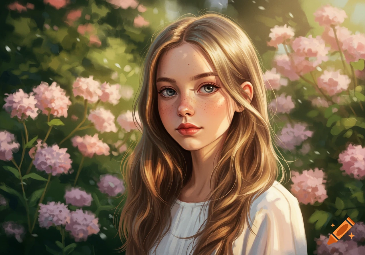 Fantasy portrait of a young girl with long blonde hair and freckles in a garden with pink flowers, rendered in a painterly style.