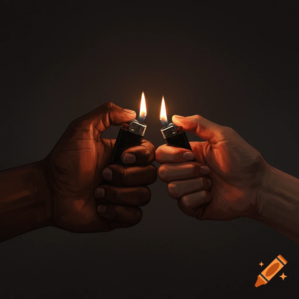 Two hands, one dark-skinned and one light-skinned, hold lit Bic lighters together in a dark setting, illustrating a symbolic connection.