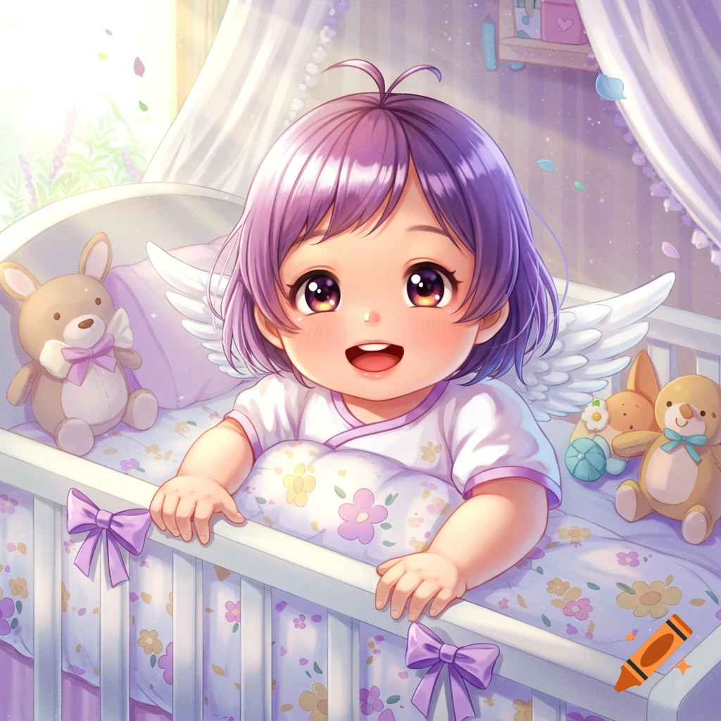 A happy anime baby with short purple hair and small white wings smiles in a white crib with purple bows and flowers.