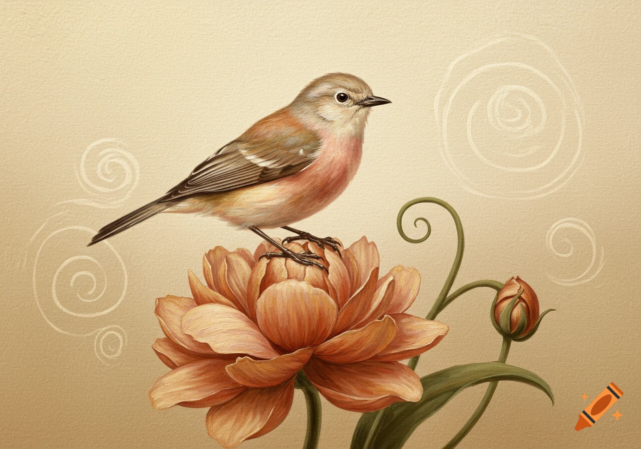 An oil painting of a bird with pink and brown feathers perched on a large orange-brown flower, with decorative swirls on a light brown background.