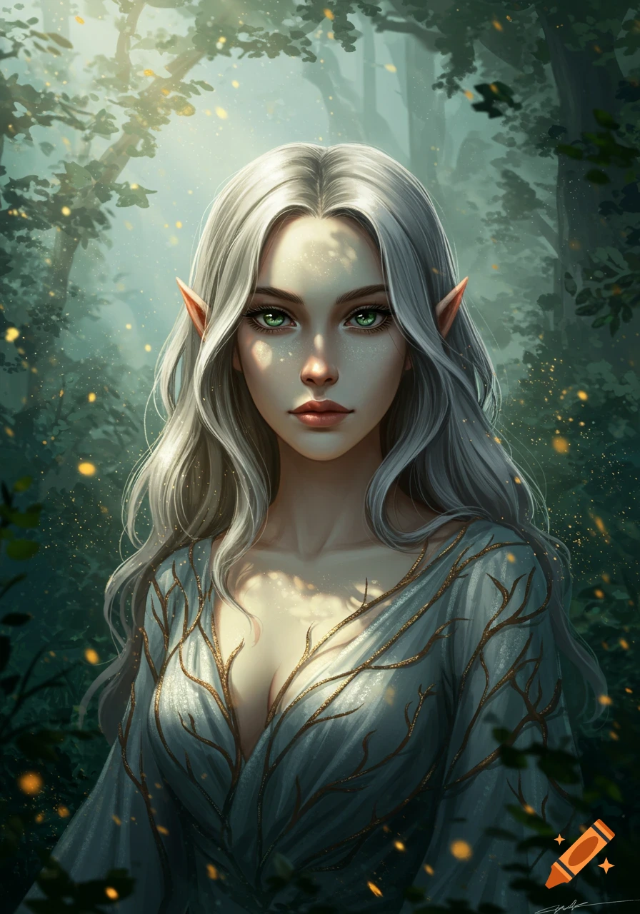 A fantasy portrait of a fae woman with silver hair and green eyes in a sunlit forest, wearing a blue dress with golden branch patterns.