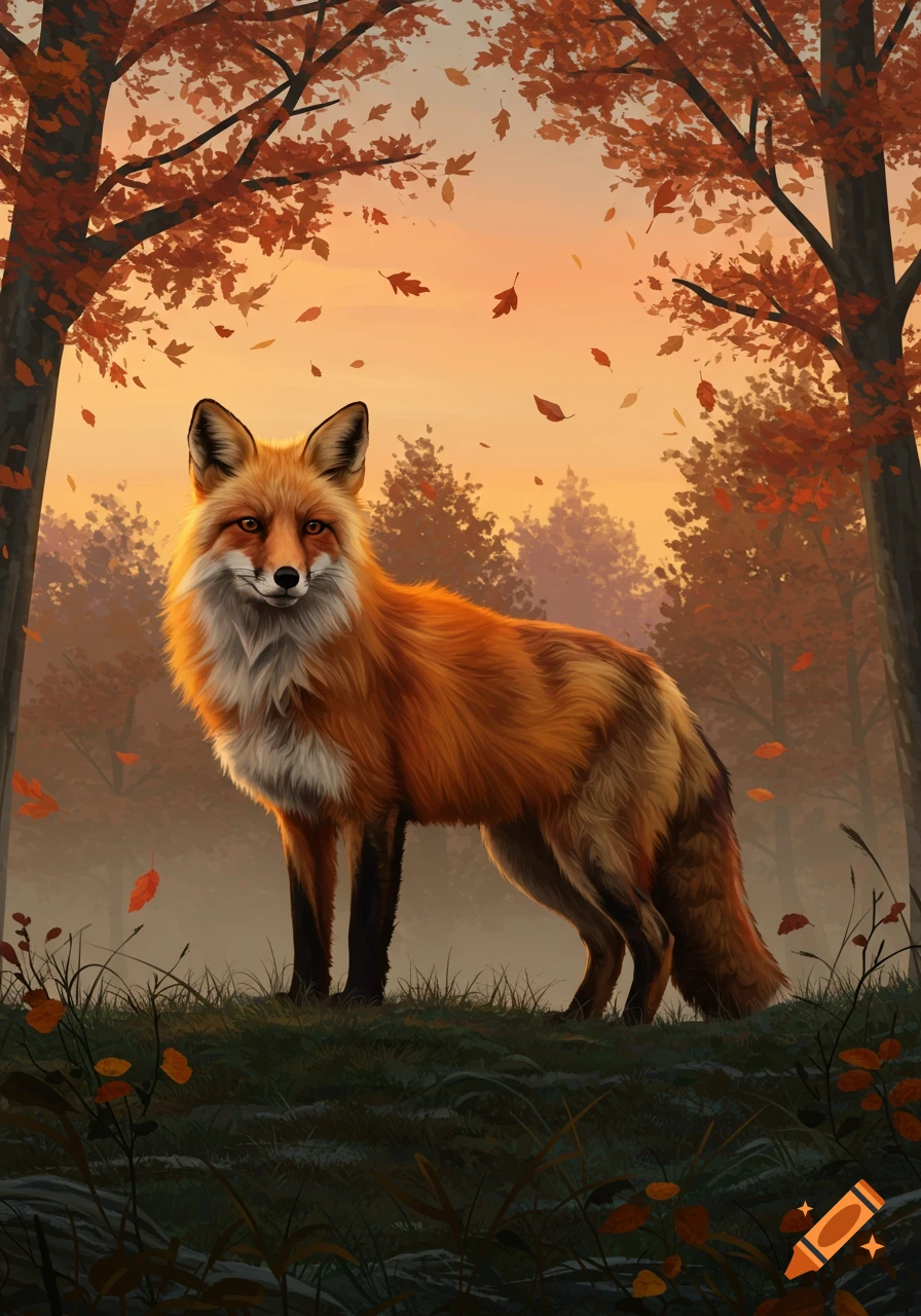 A vibrant red fox stands in an autumn forest with falling orange leaves against a sunset sky.