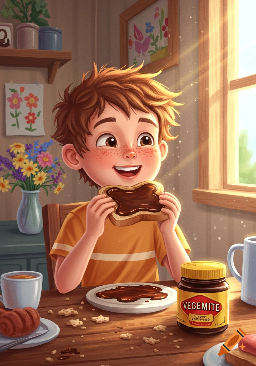 A cheerful cartoon boy with freckles holds Vegemite toast at a sunny breakfast table with a jar of Vegemite.