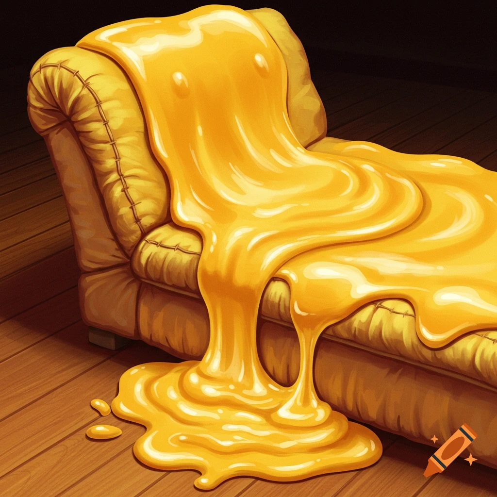 A beige couch is completely covered in thick, gooey, yellow nacho cheese, which drips onto the wooden floor.