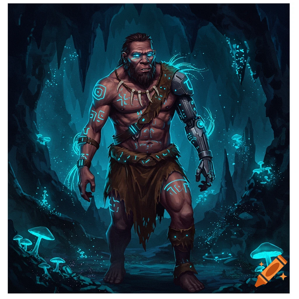 A muscular cyborg neanderthal with glowing blue markings and a robotic arm stands in a bioluminescent cave. Illustration.