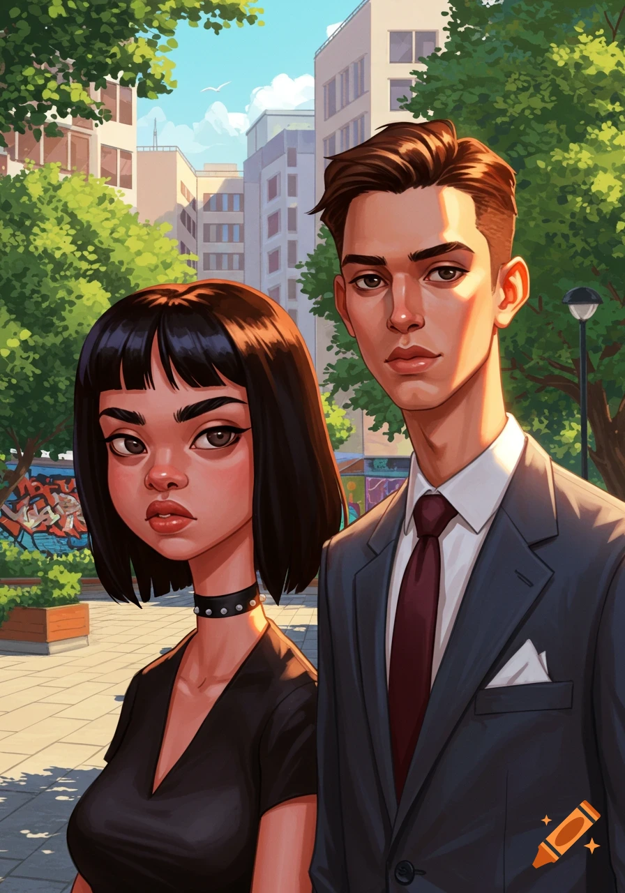 A stylized illustration of a woman with a bob and a man in a suit standing in a sunny city park.