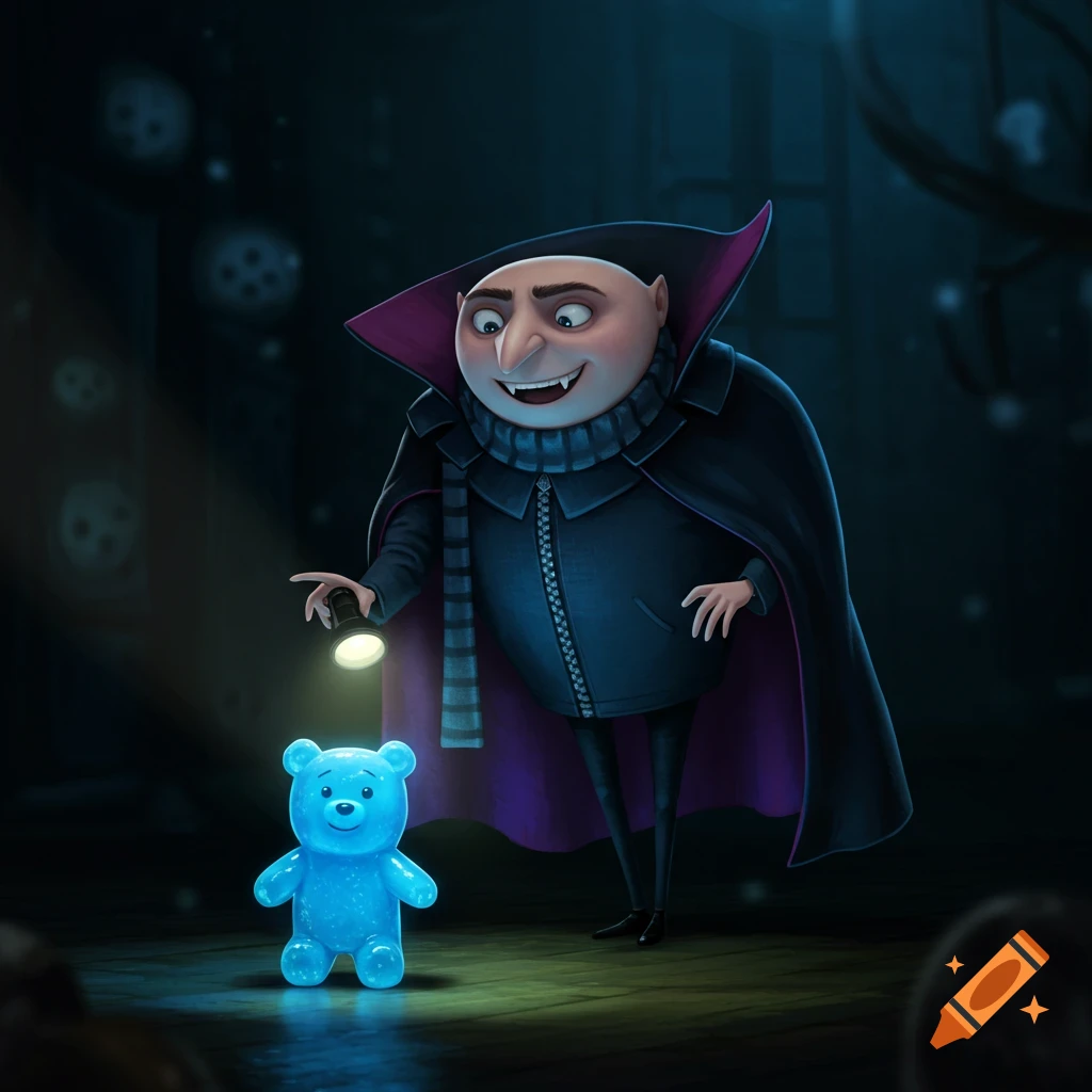 Cartoon character Gru dressed as a vampire shining a flashlight on a glowing blue gummy bear.