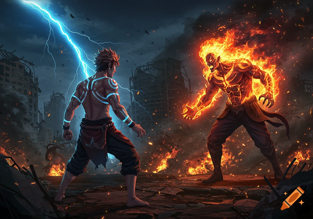 Two powerful anime-style characters, one wreathed in lightning and the other in fire, face off in a destroyed city.