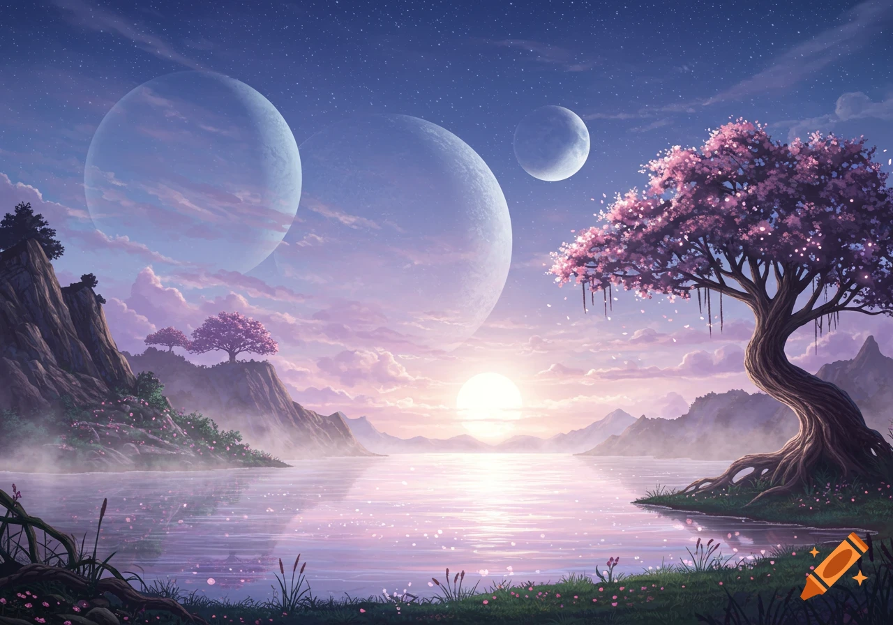 Dreamy fantasy landscape with a large lake reflecting a bright sunrise, three planets in a starry sky, and pink cherry blossom trees.