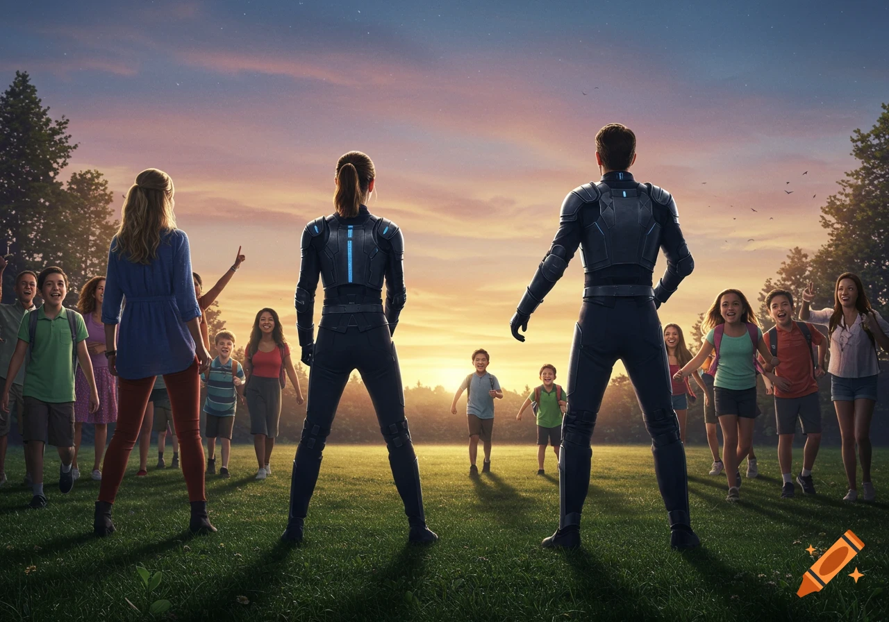 Two armored adults stand in a grassy field at sunset, facing a group of energetic children running toward them.