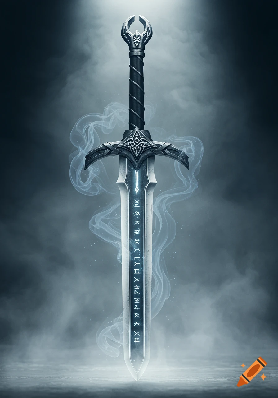 A magical greatsword with glowing runes on its blade, standing vertically amidst mystical smoke on a dark background.