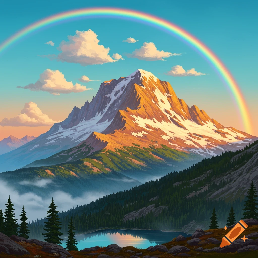 A vibrant rainbow arcs over a majestic snow-capped mountain, surrounded by a lush pine forest and a reflective lake under a blue sky.