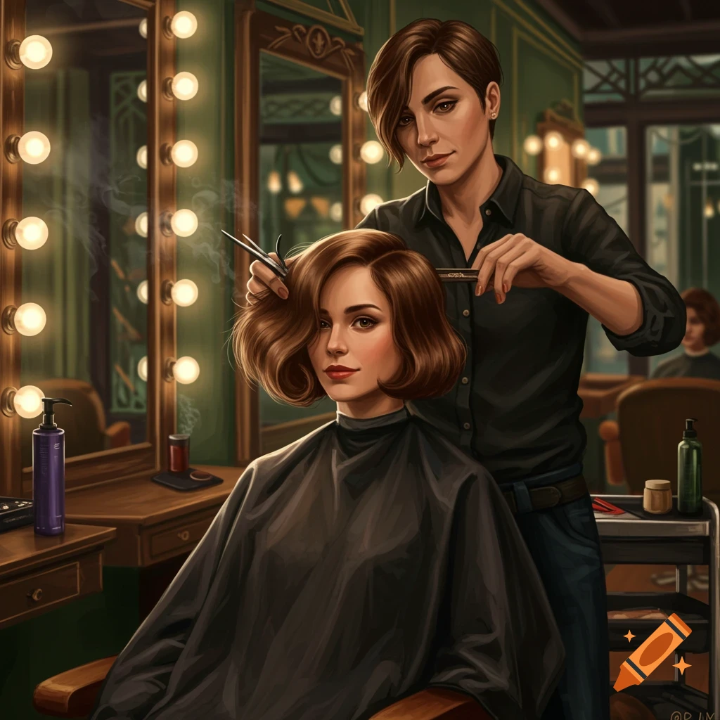 A woman with short brown hair gives another woman with wavy brown hair a haircut in a brightly lit salon.