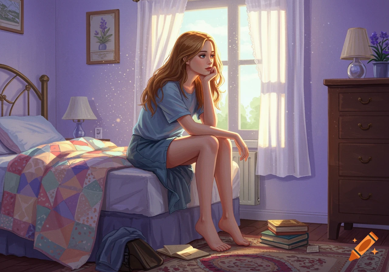 An illustration of a girl sitting on a bed in a sunlit bedroom, looking contemplative.