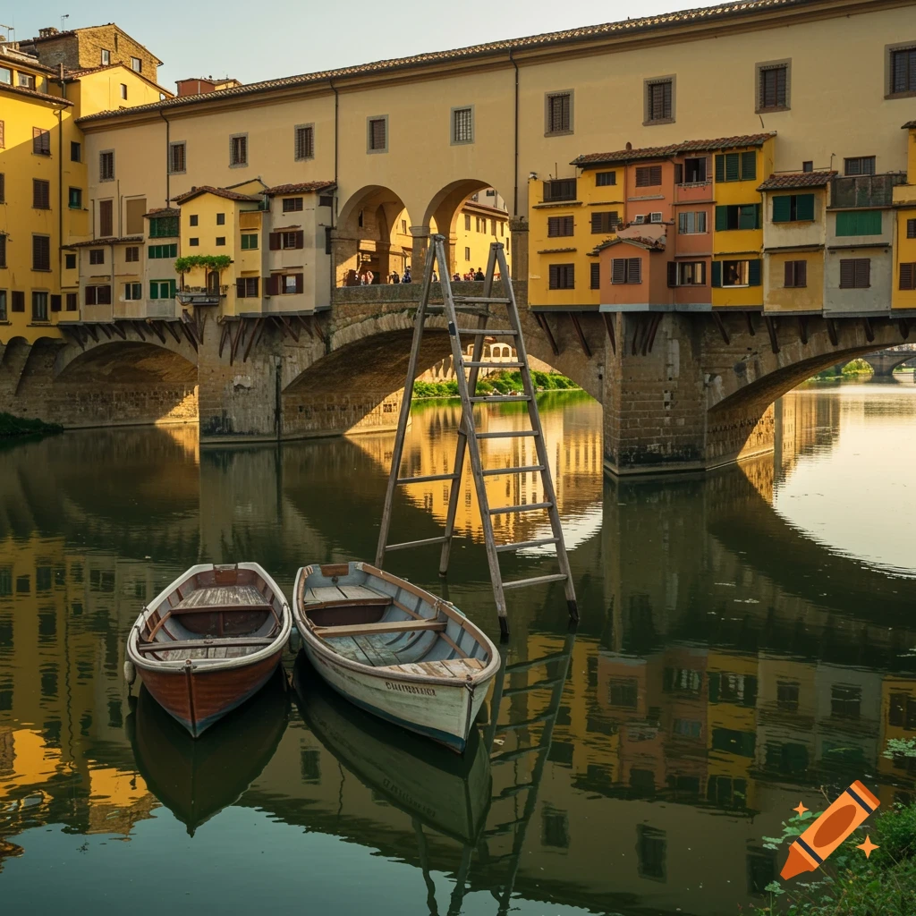 Ponte Vecchio bridge over a river in Florence with two wooden boats and an A-frame ladder in the water at sunset.