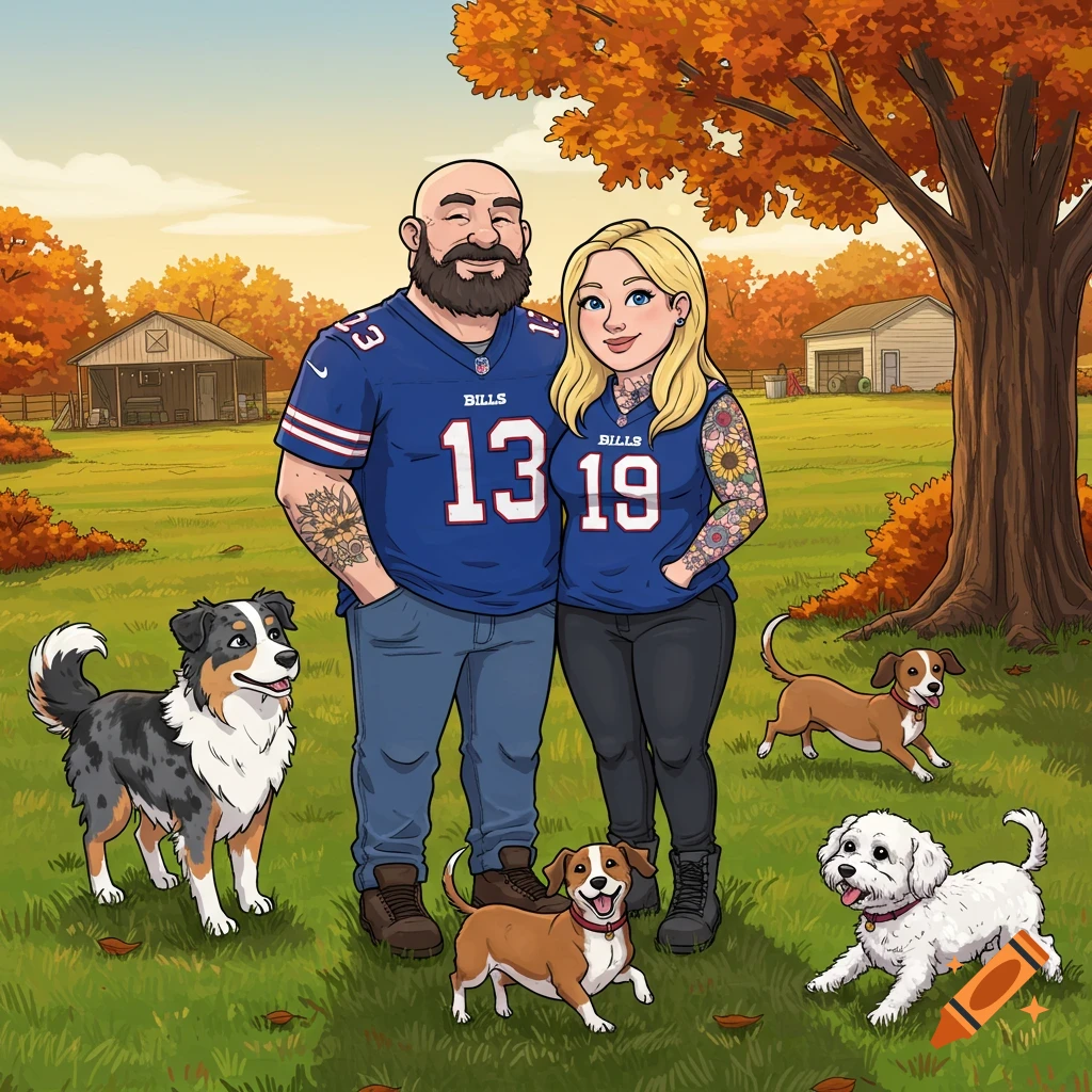 A cartoon couple in Buffalo Bills jerseys stands with three dogs in an autumn backyard with fall-colored trees and farm buildings.