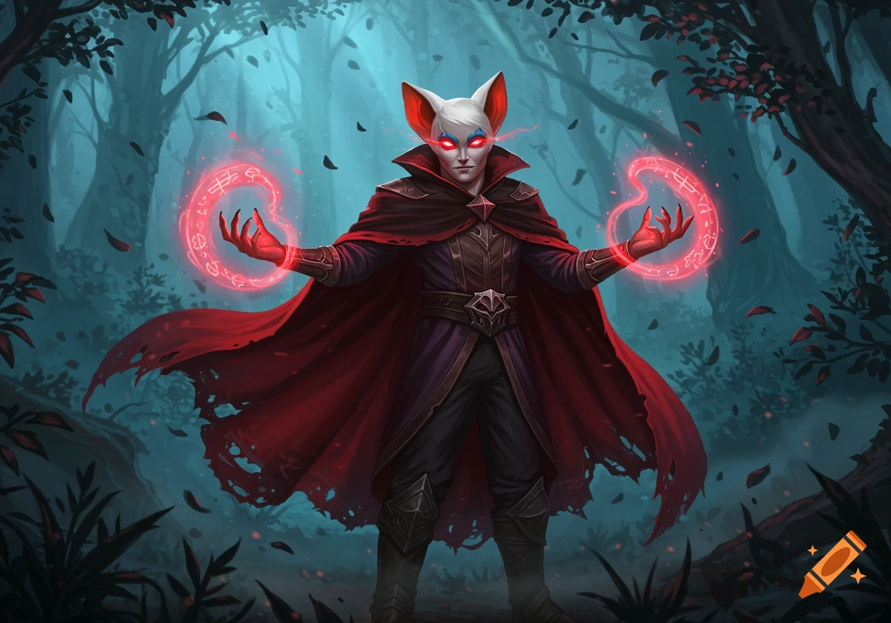 A white-furred wizard vampire with red eyes and a tattered red cape stands in a dark forest, casting red glowing magic runes.