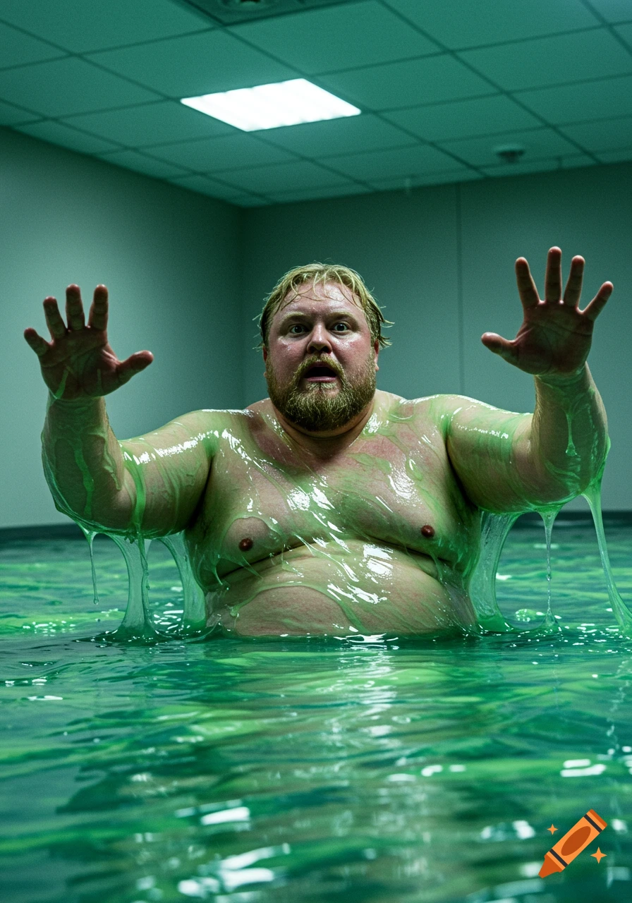 A man covered in green slime emerges from a pool of slime, with a shocked expression and hands raised.