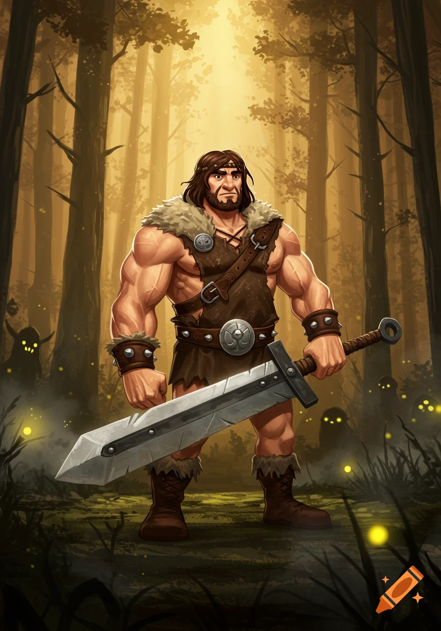 A muscular barbarian with a large sword stands in a mystical forest, light shining through the trees, in a cartoonish fantasy art style.