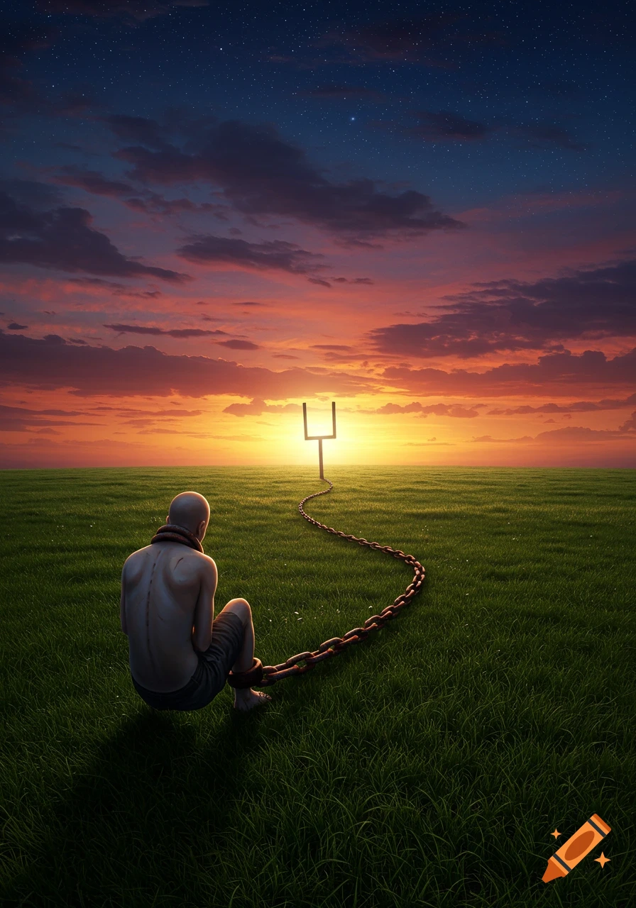 A bald person sits in a vast green field, chained by the ankle to a distant goal post under a vibrant sunset sky.