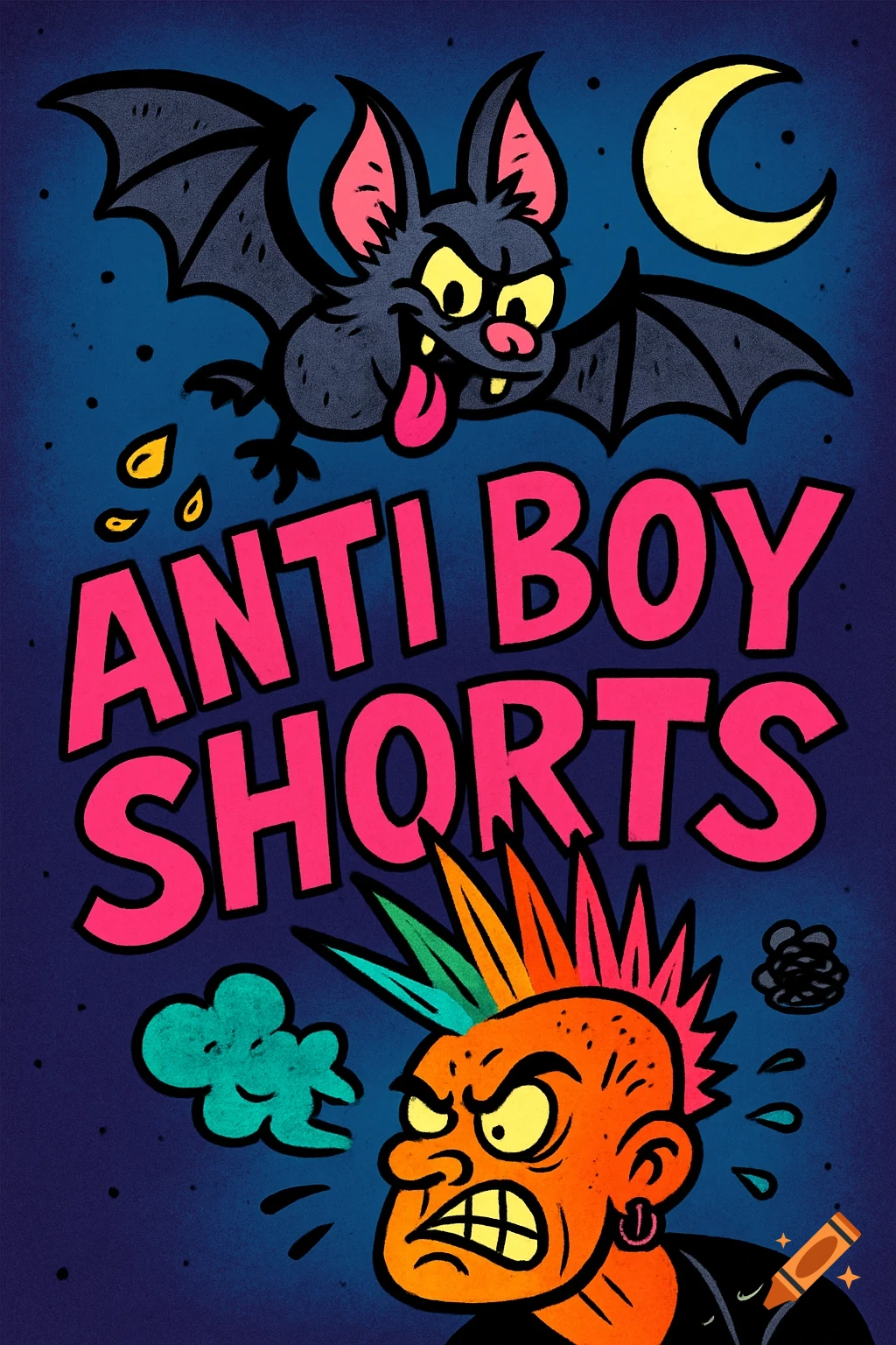 A cartoon bat pooping on pink text 'ANTI BOY SHORTS' and an angry punk man with a mohawk, in a dark, punky style.