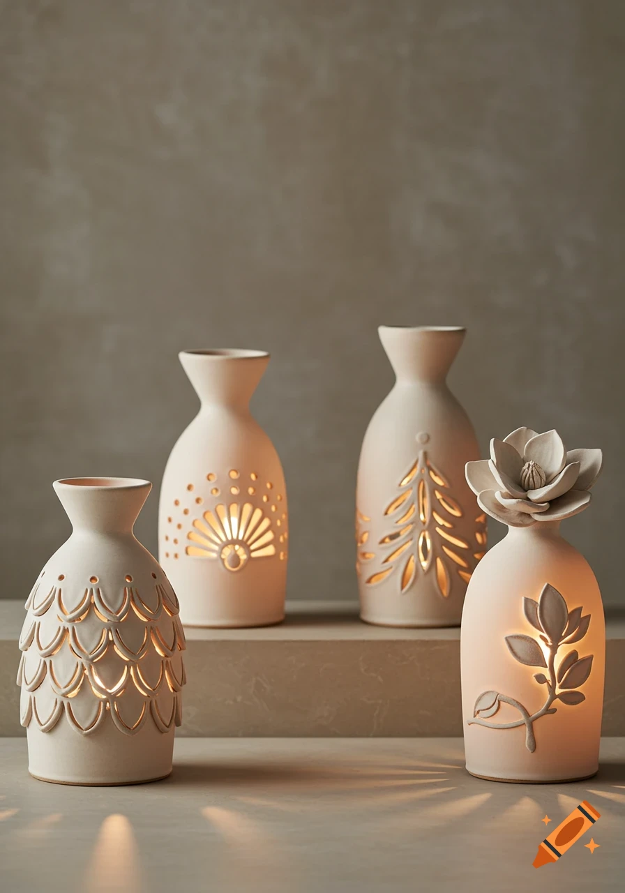 Four lit ceramic luminaria with various cutout patterns and a magnolia bloom on a stone surface.