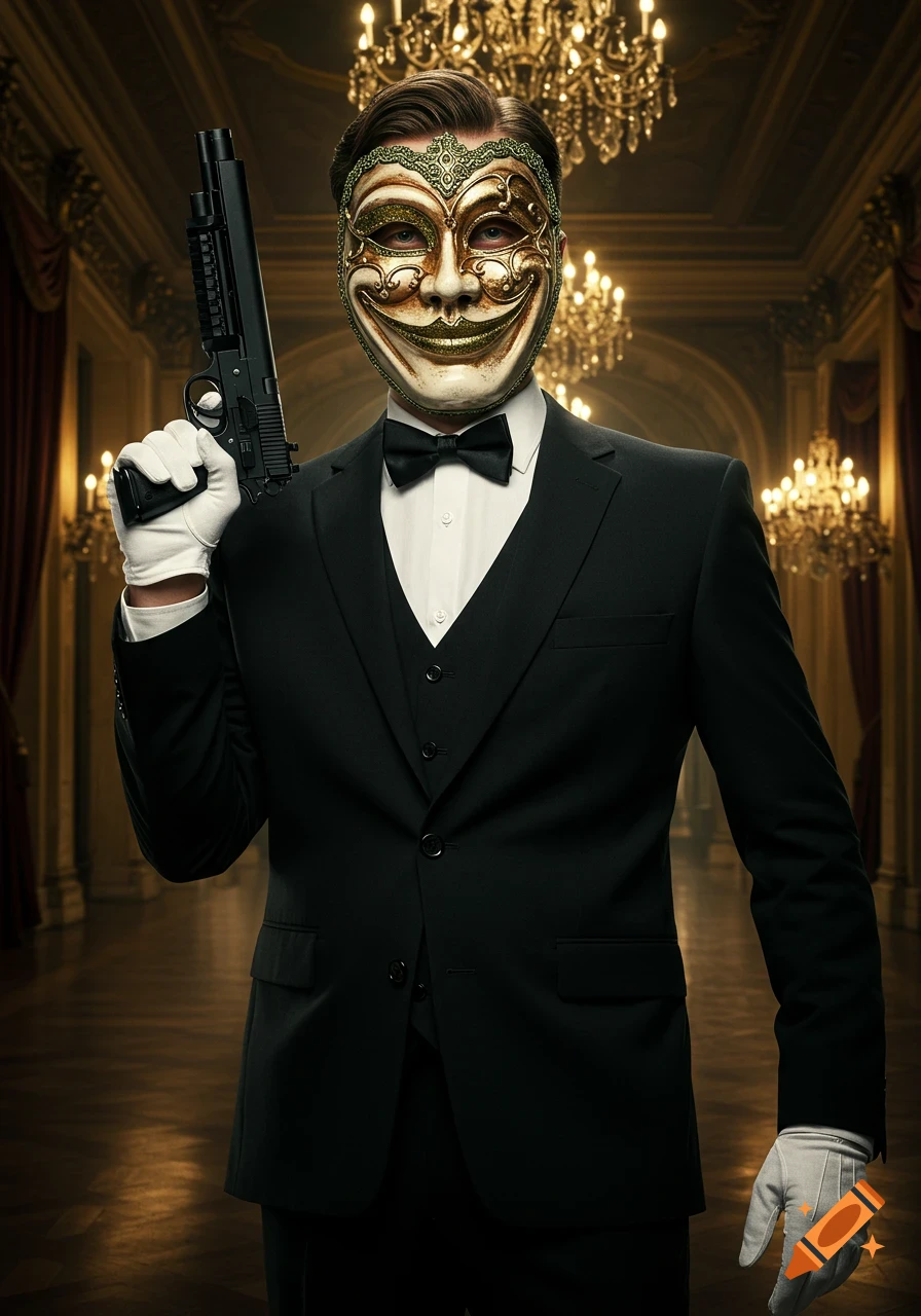 Man in a black tuxedo and white gloves wearing an ornate smiling Venetian mask, holding a gun in a grand hall with chandeliers.