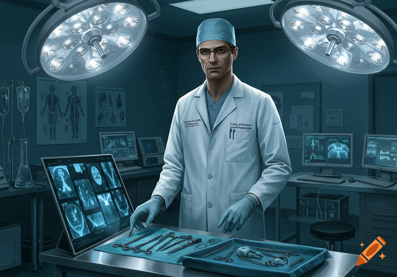 A male surgeon in a lab coat and scrub cap stands in an operating room with surgical lights and instruments, surrounded by medical equipment and monitors.