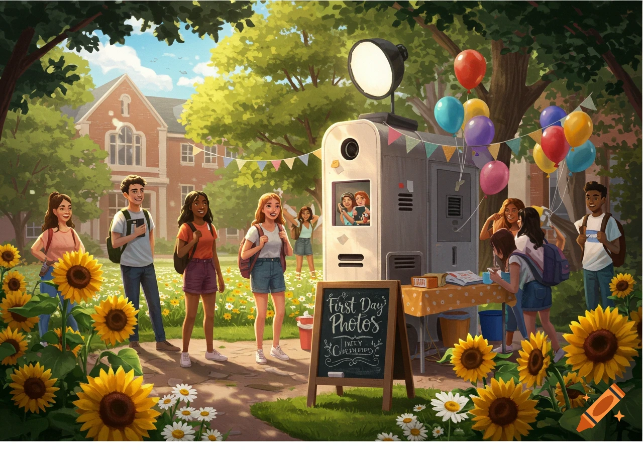 Cartoon illustration of students at a college campus event with a photo booth, balloons, and sunflowers.