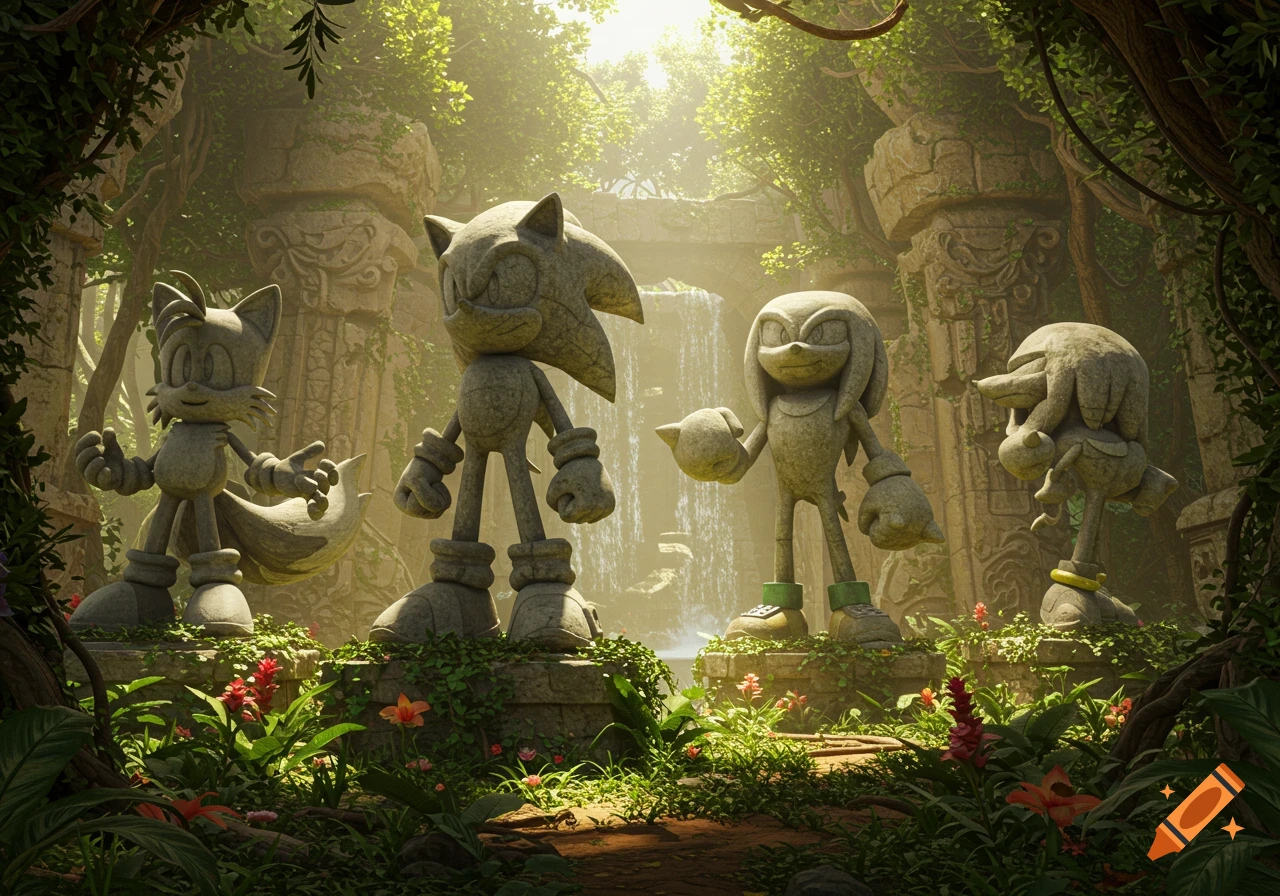 Stone statues of Sonic, Tails, Knuckles, and Shadow stand in overgrown jungle ruins with a waterfall.