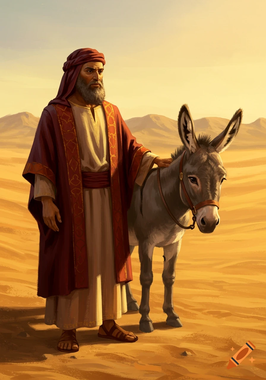 A bearded man in ancient robes stands next to a donkey in a sunlit desert with sand dunes.