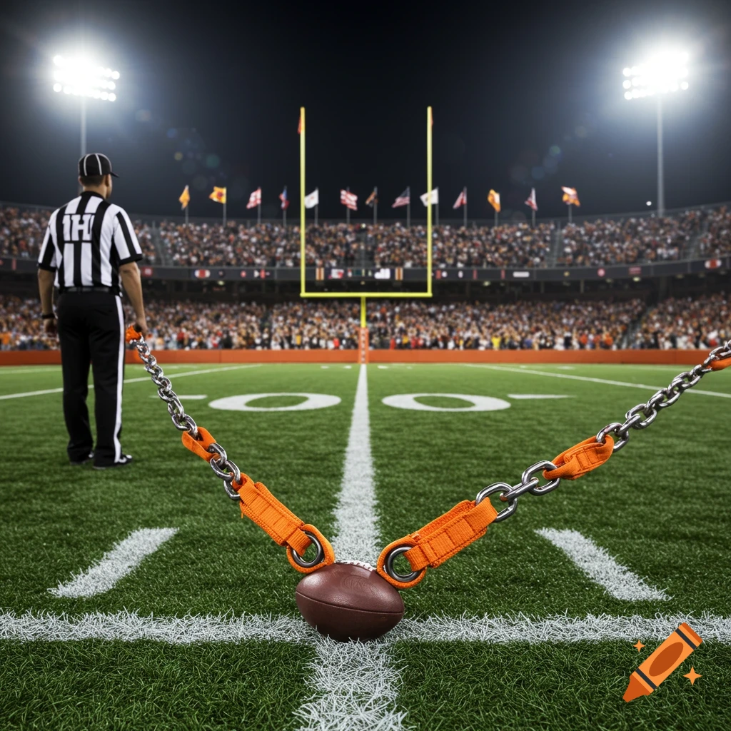 A referee stands with first down chains on an American football field in a stadium at night.
