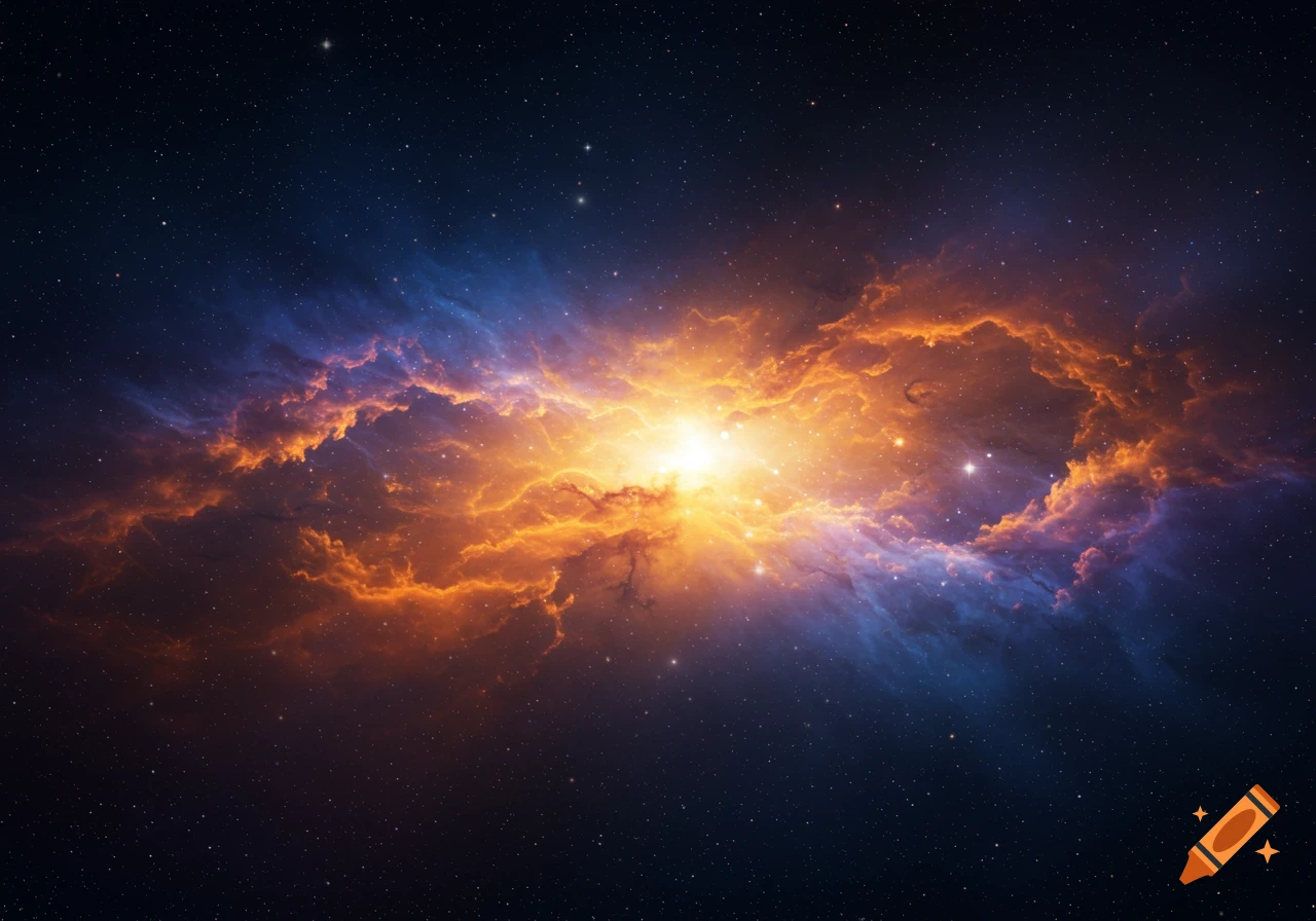 A vibrant orange and blue nebula with a bright central light source and scattered stars in deep space.