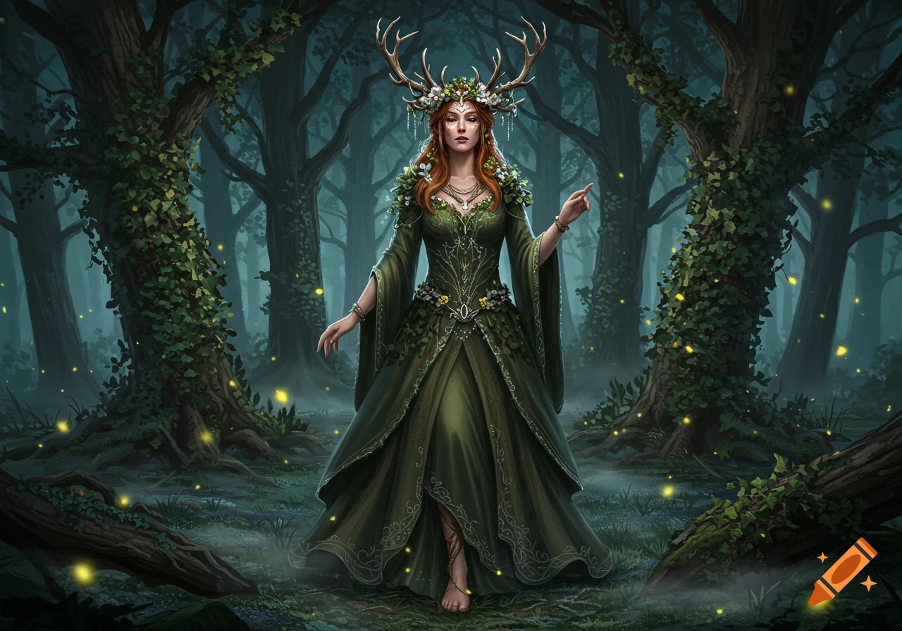 A detailed digital art image of a pagan goddess with antlers and a green dress, standing in a magical forest with fireflies.