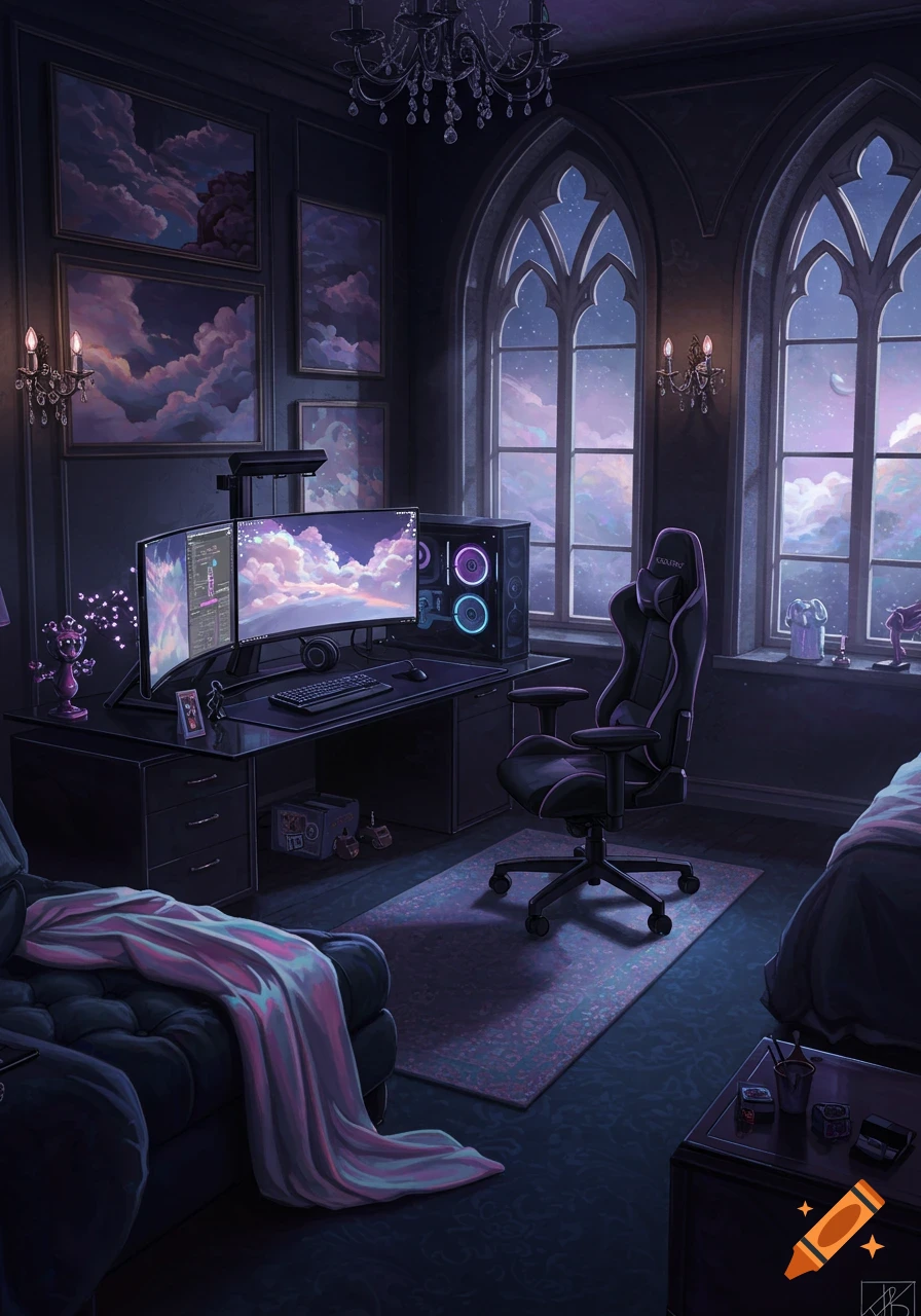 A dark, gothic-style gamer bedroom at night with a gaming setup, black chair, and arched windows looking out to a twilight sky.