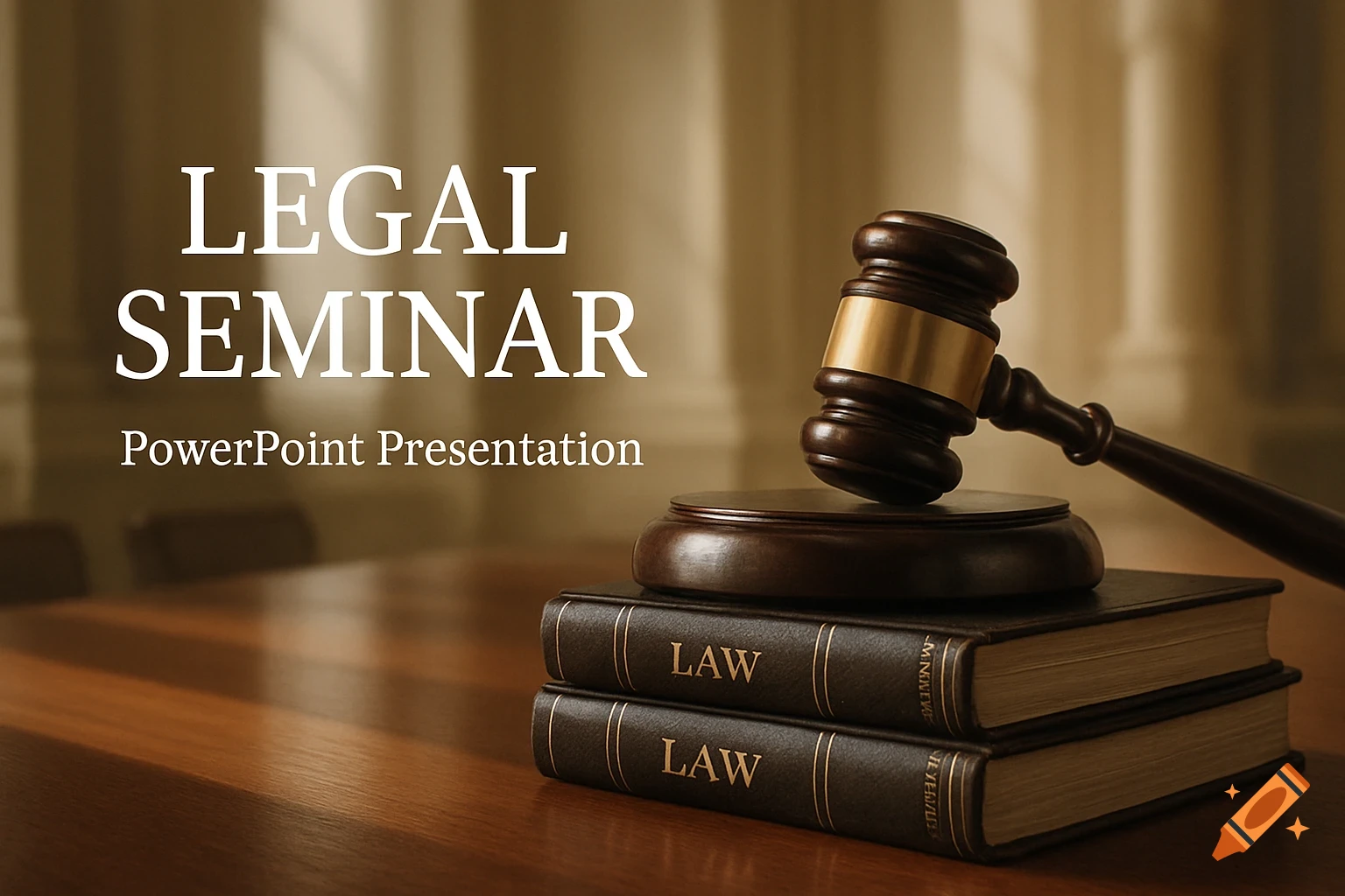 A photorealistic image of a gavel resting on two law books, with "LEGAL SEMINAR PowerPoint Presentation" text.