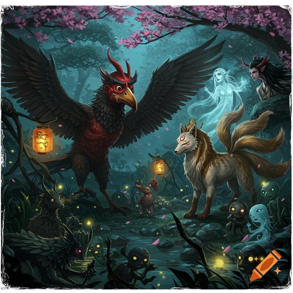 A mystical scene in an enchanted forest with cherry blossoms and lanterns, featuring a large bird-like creature, a nine-tailed fox, a ghostly figure, and small imp-like creatures.