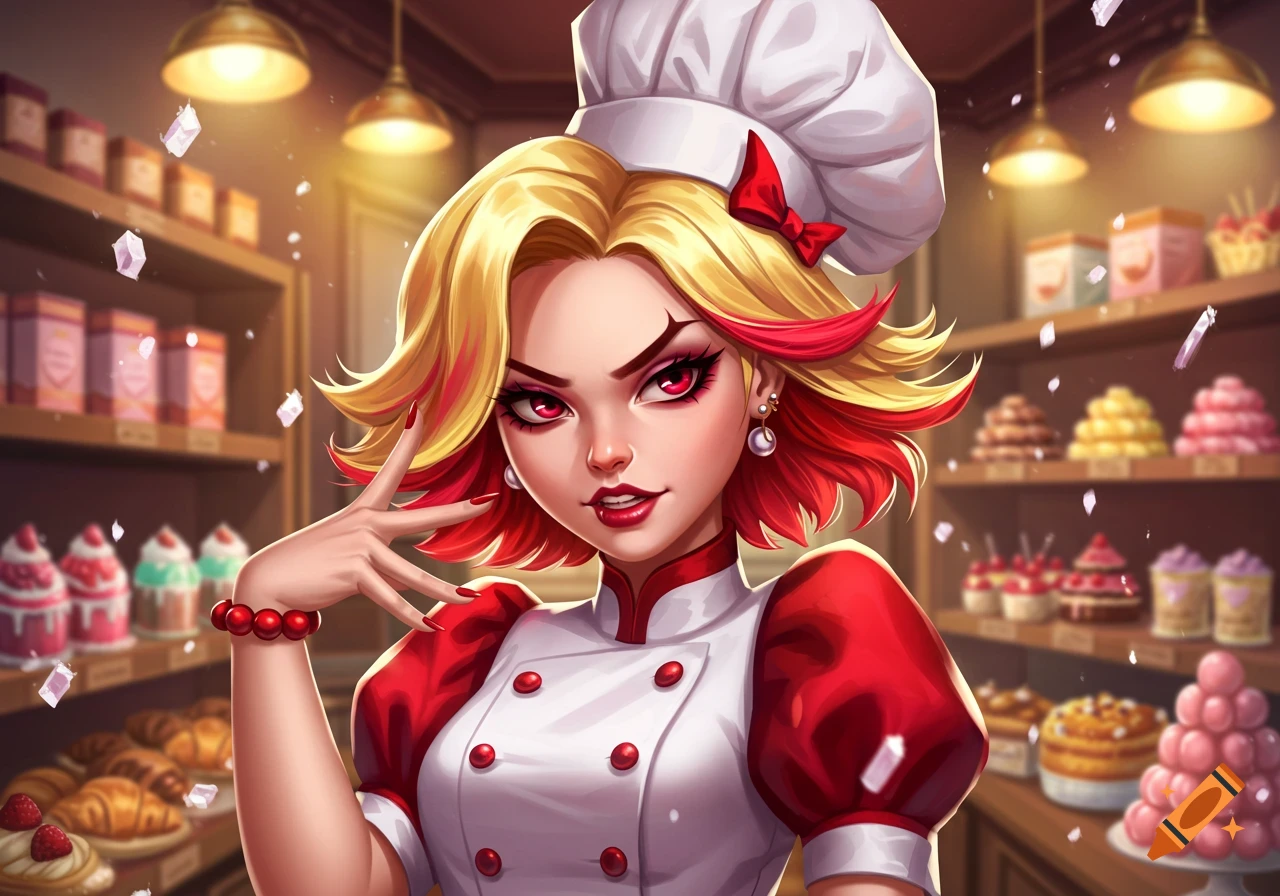 Animated fantasy woman with blonde hair and red highlights, wearing a red and white chef's outfit, in a bakery.