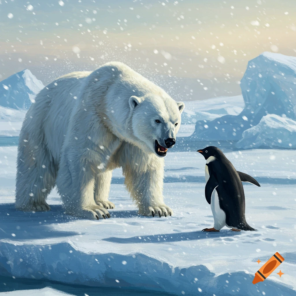 An aggressive polar bear with bared teeth faces a penguin in a snowy arctic landscape with icebergs, a detailed illustration.