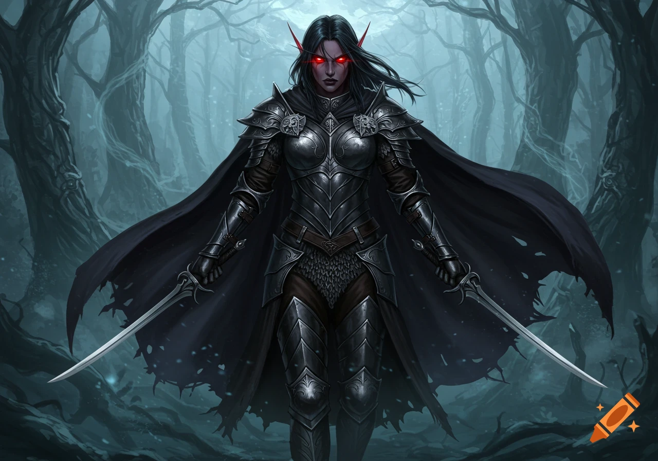 A dark elf warrior with red eyes and black armor wields two short swords in a misty, eerie forest.