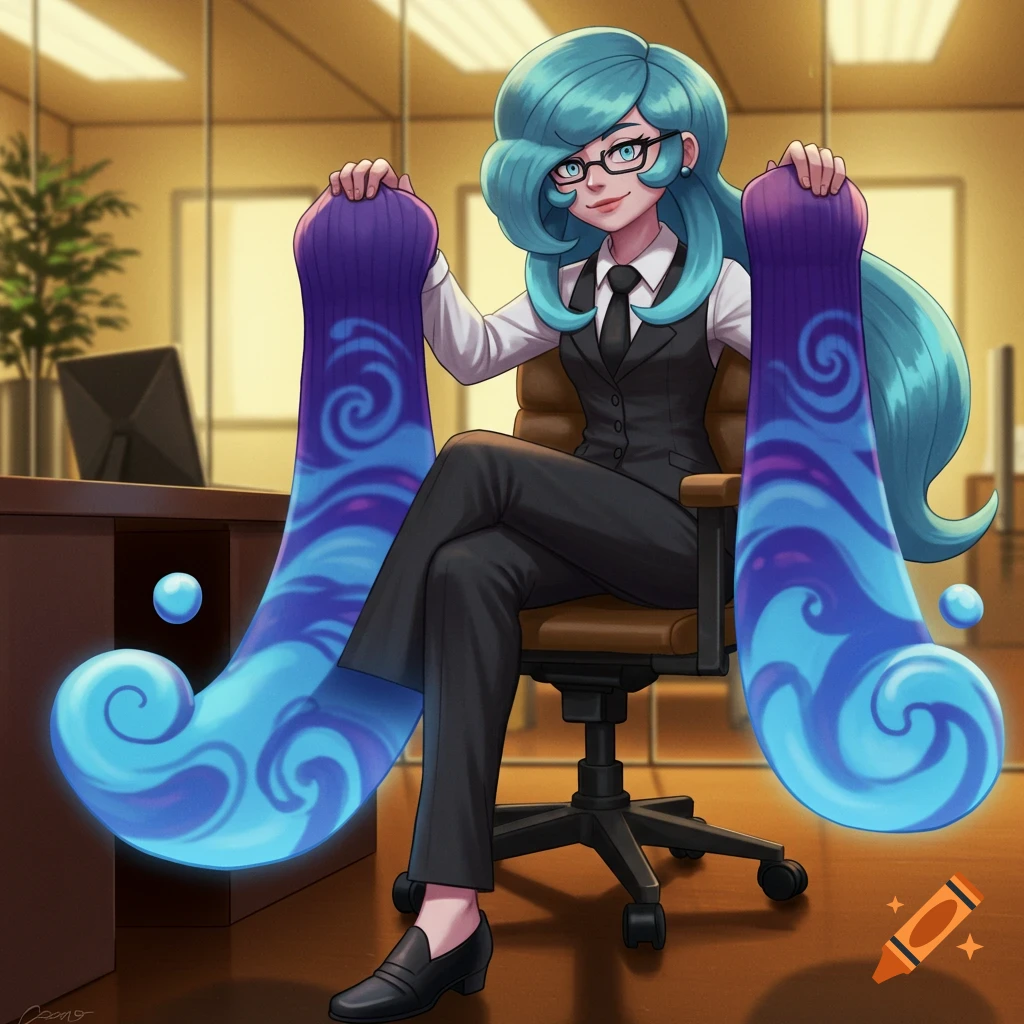 Anime illustration of Oleana from Pokémon in a suit and glasses, sitting in an office, holding large blue and purple patterned socks.