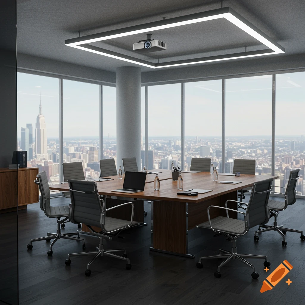A modern, photorealistic meeting room with a large wooden table, grey chairs, and a ceiling projector, offering a panoramic city skyline view from its expansive windows.