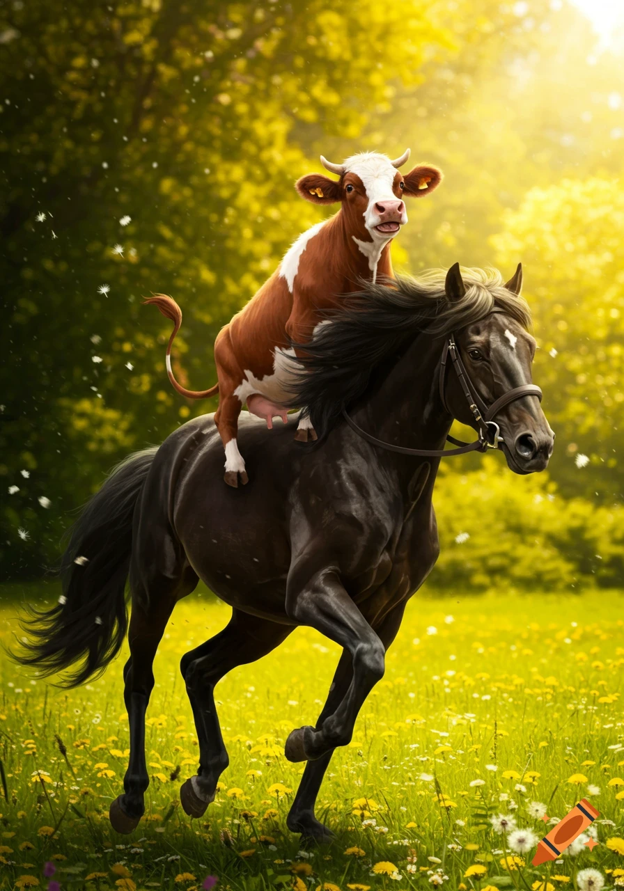 A brown and white cow rides on the back of a black horse as they gallop through a sunlit field of green grass and yellow wildflowers.