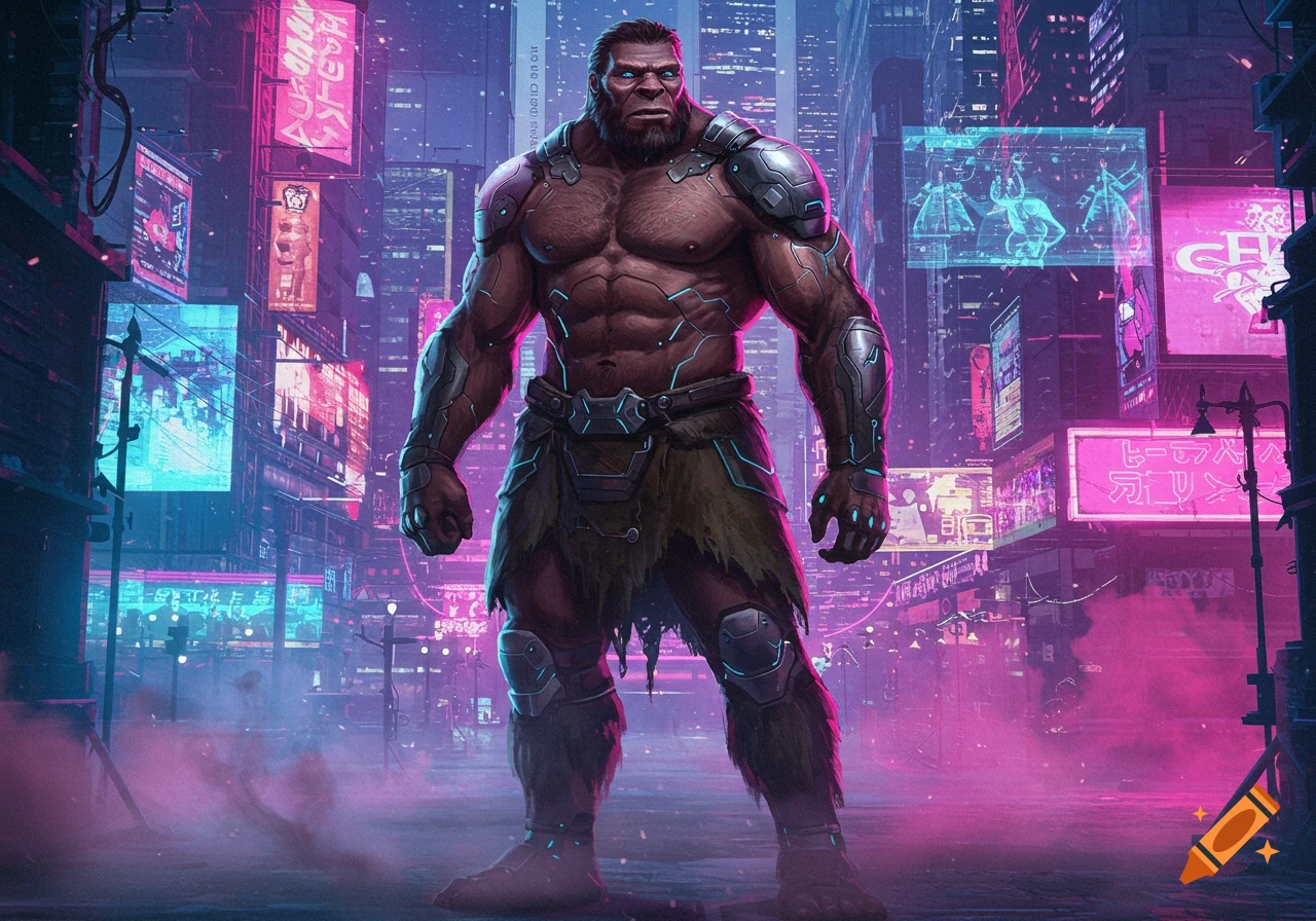 A muscular, bearded neanderthal-like figure with cybernetic armor stands in a vibrant neon-lit futuristic city.