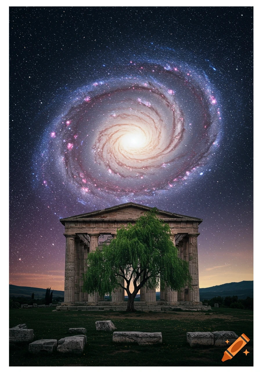 Ancient Greek temple and willow tree under a swirling spiral galaxy in a starry night sky.