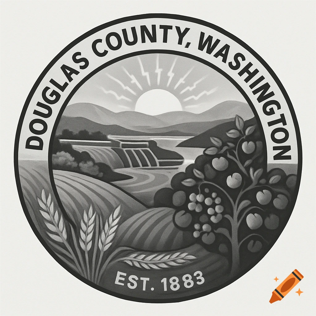 A black and white circular seal for Douglas County, Washington, featuring a landscape with fields, orchards, a river, dam, mountains, and sunrise.
