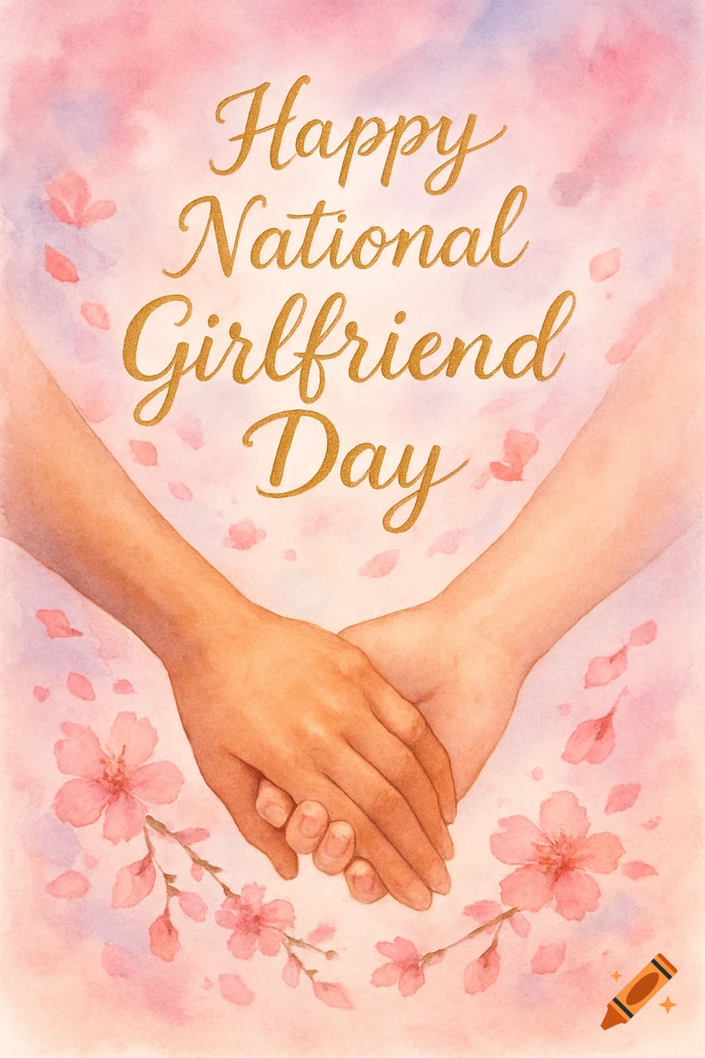 A watercolor greeting card featuring two hands holding, surrounded by pink cherry blossoms and petals, with gold text "Happy National Girlfriend Day" on a soft pink and purple background.